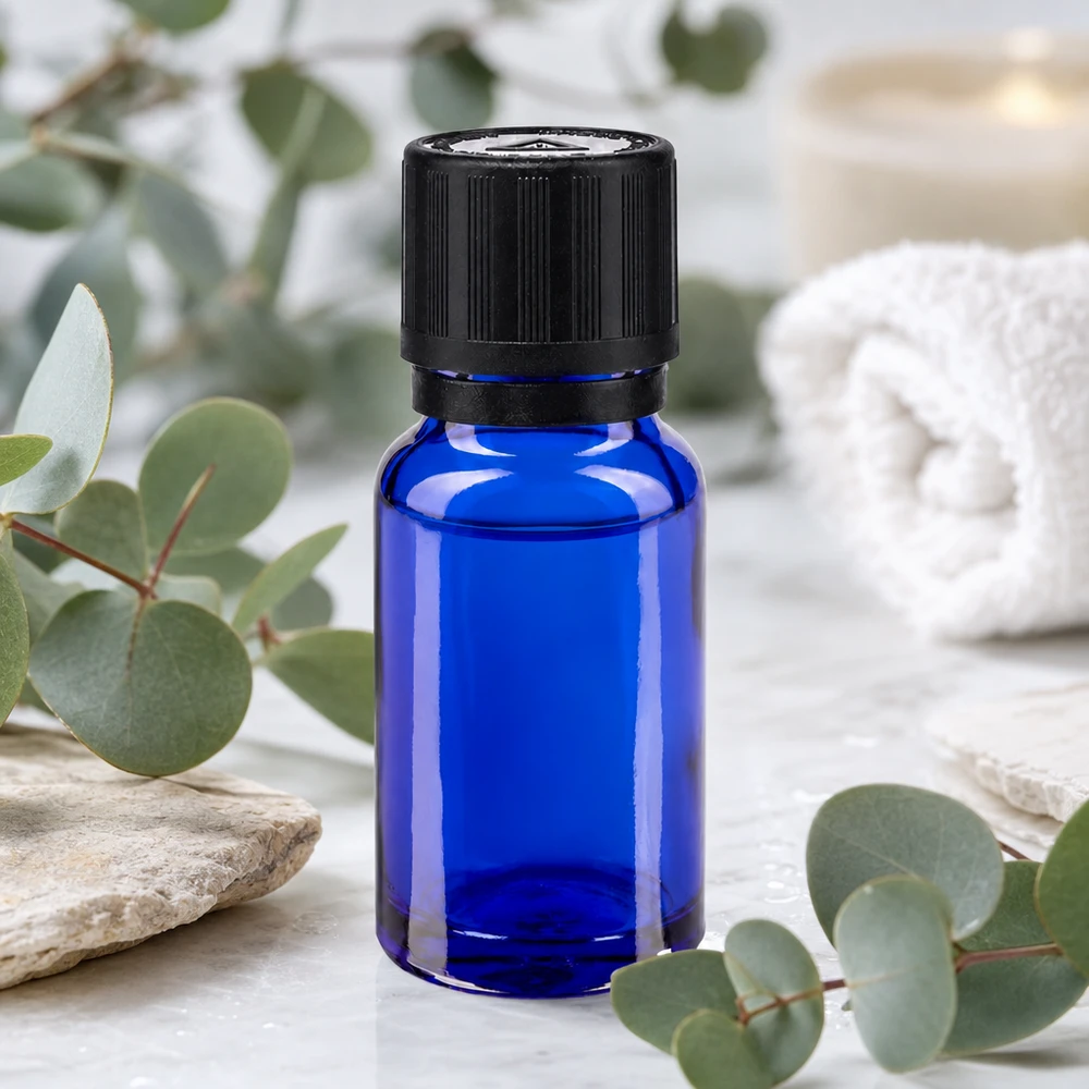 Kleine blaue Glasflasche 10ml mit kindersicherem Drehverschluss und 1mm Tropfeinsatz für ätherische Öle
