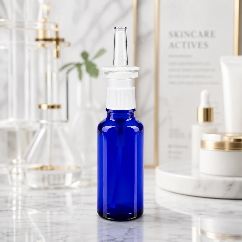30ml Apothekerglas Nasensprayflasche blaues UV-Schutzglas mit transparenter Sprühspitze