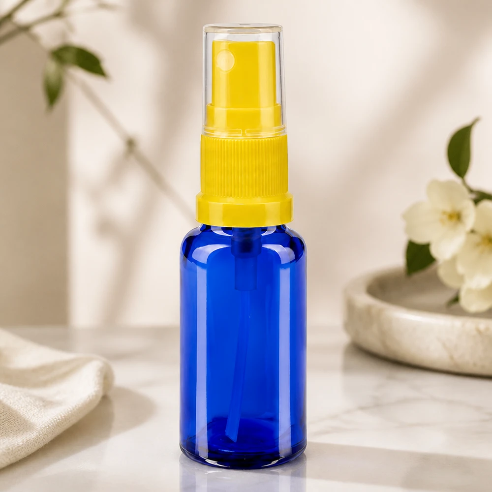 Apothekenflasche blau 20ml Sprayaufsatz gelb Blickdichte 20ml Glasflasche mit Zerstäuber in Gelb für Kosmetik und Pharmazie