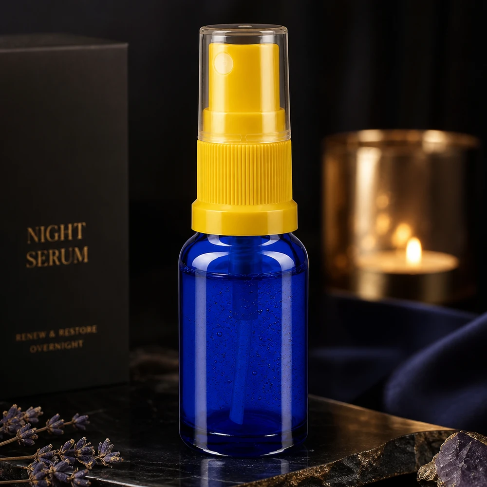 Apothekenflasche blau 10ml Sprayaufsatz gelb Miniatur Glasflakon 10ml in Kobaltblau mit gelbem Sprühaufsatz für Nachtserum