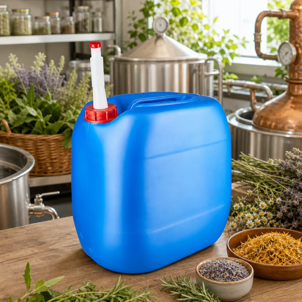 Lebensmittelechter 30 Liter Kanister blau mit Flex-Auslaufrohr in botanischer Brennerei