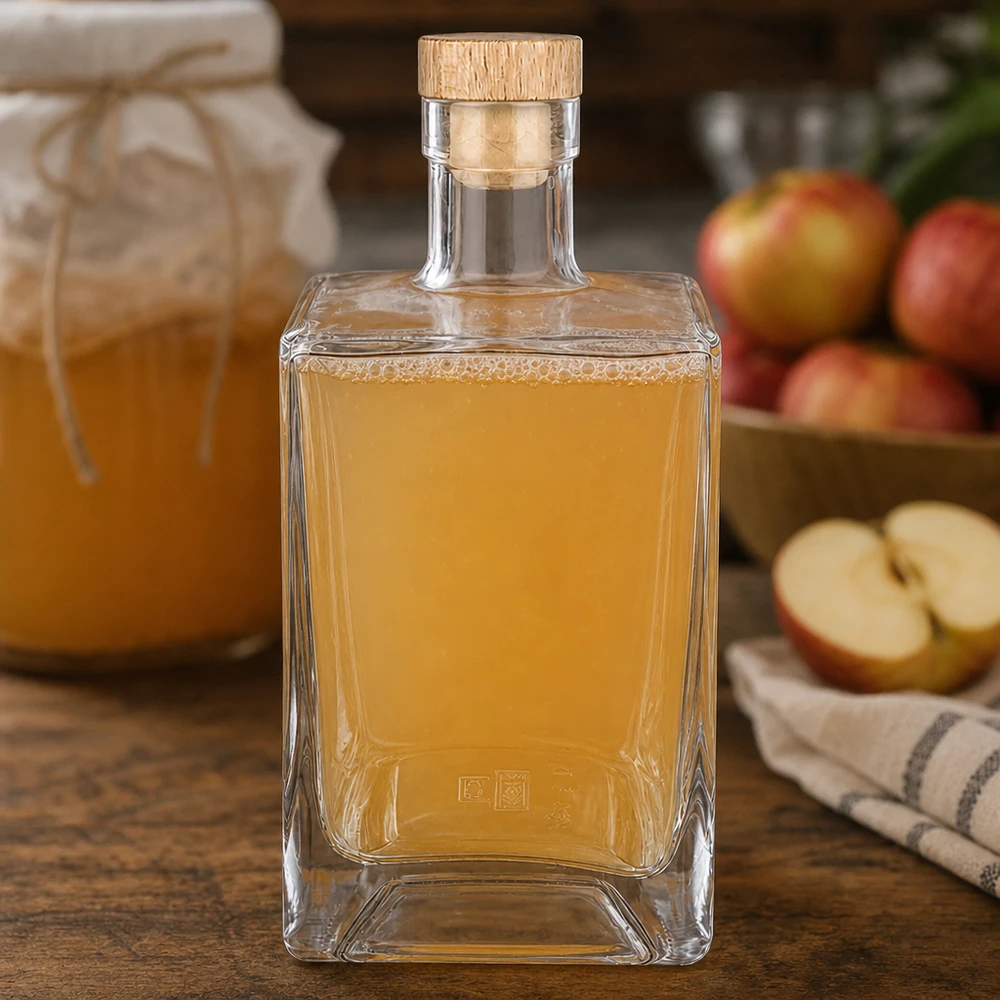700ml Glasflasche "Gali" mit Holzgriffkorken UNiTWIST® 700ml Glasflasche Ben mit Apfelbrand gefüllt neben frischen Äpfeln Küchenszenerie Holzkorken UNiTWIST Obstbrand