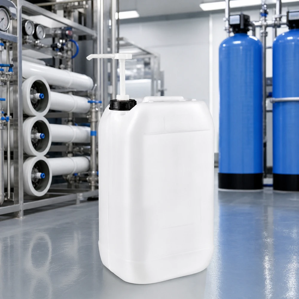 Kanister 15 Liter mit Dosierpumpe Weißer Industriekanister 15L mit Pumpe vor blauen Druckbehältern einer Wasserfilteranlage