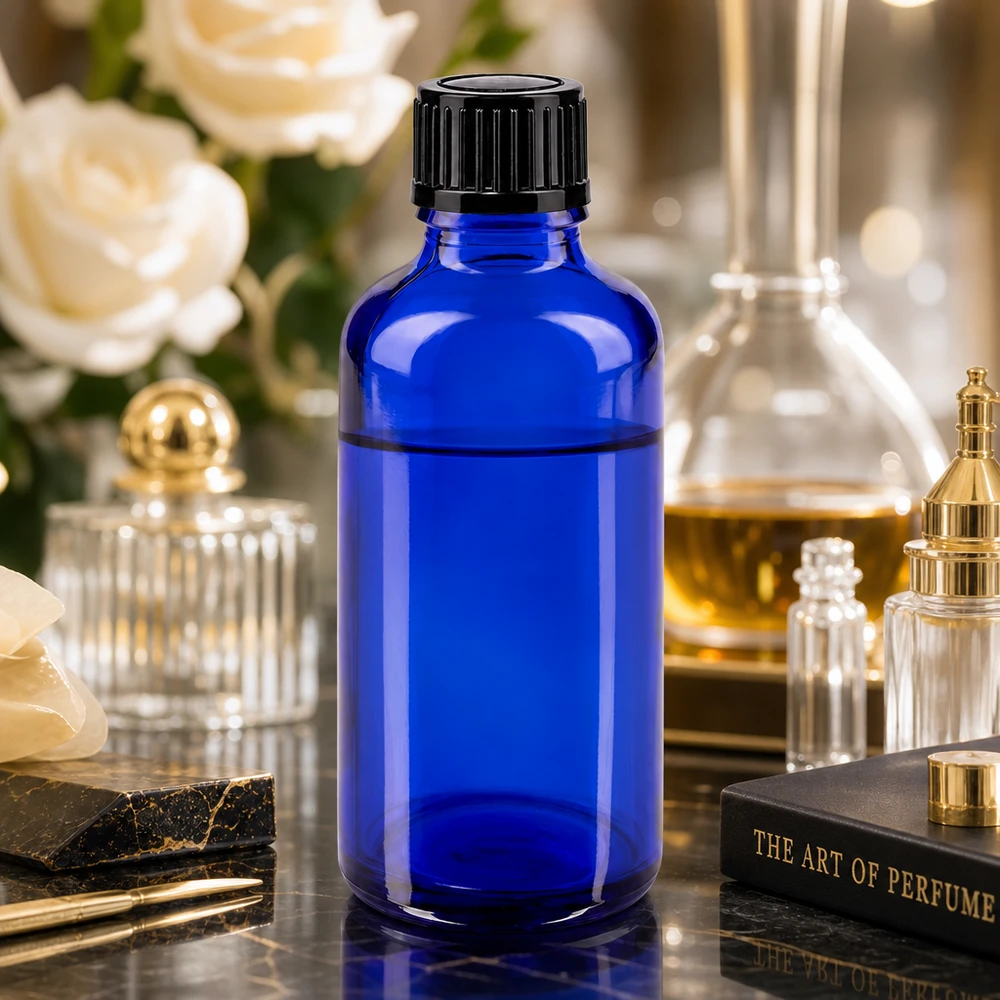 Apothekenflasche blau 50ml Schraubverschluss schwarz Standard Kobaltblaue 50ml Apoflasche mit schwarzem Schraubdeckel zwischen edlen Duftflakons