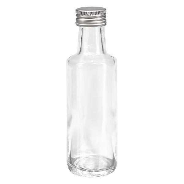 100ml Schraubflasche rund glasklar mit silber Verschluss 100ml Schraubflasche rund glasklar mit silber Verschluss