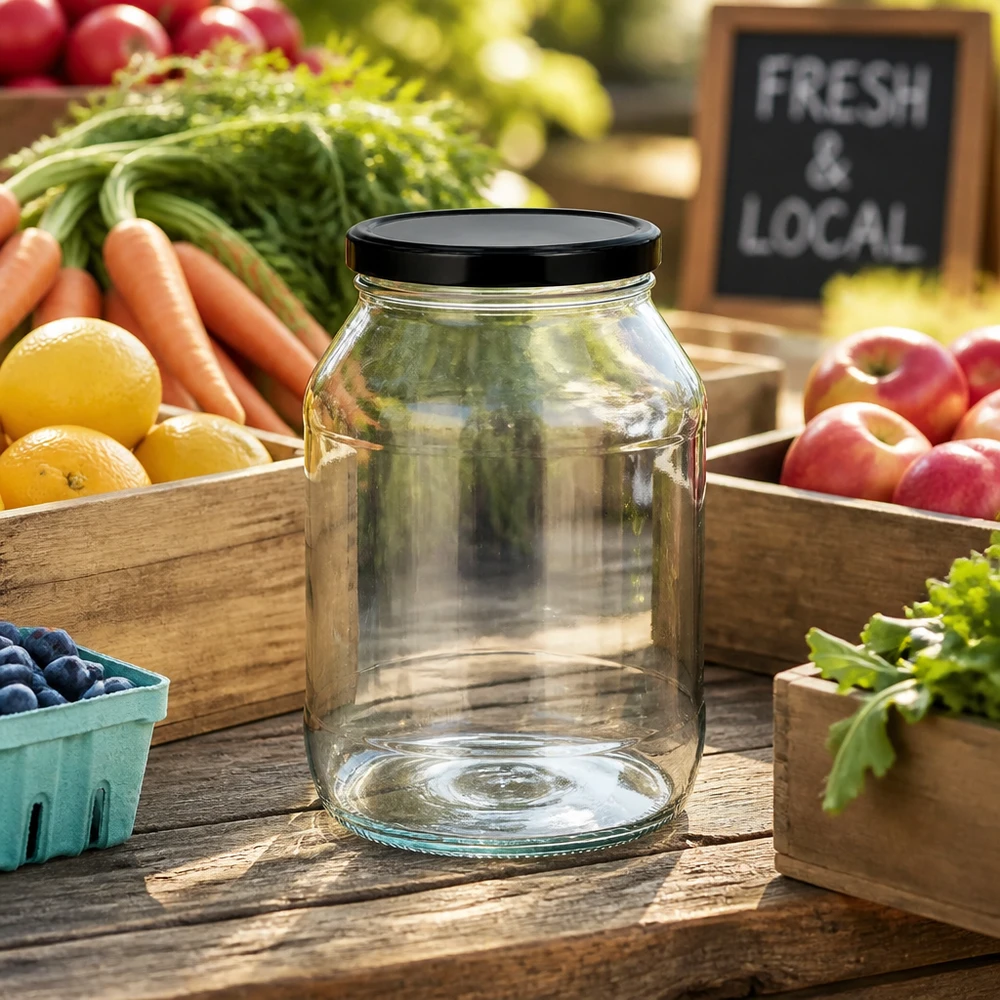 2650ml Rundglas mit BasicSeal Deckel schwarz UNiTWIST Großes 2650ml Rundglas mit schwarzem Deckel zwischen frischem Obst und Gemüse auf Holztisch im Bauernmarkt-Stil