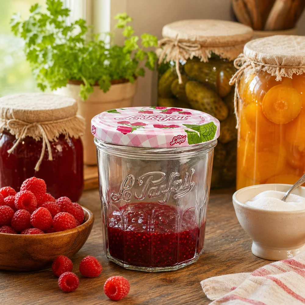 Le Parfait 324ml Einmachglas mit Himbeermarmelade in rustikaler Küche neben anderen Konservengläsern und Kräutern