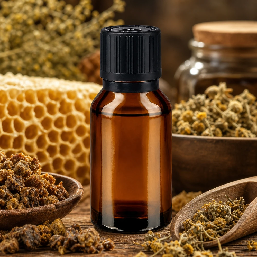Apothekerflasche 15ml Braunglas mit KiSi-Verschluss neben Propolis und Kamille auf Holz