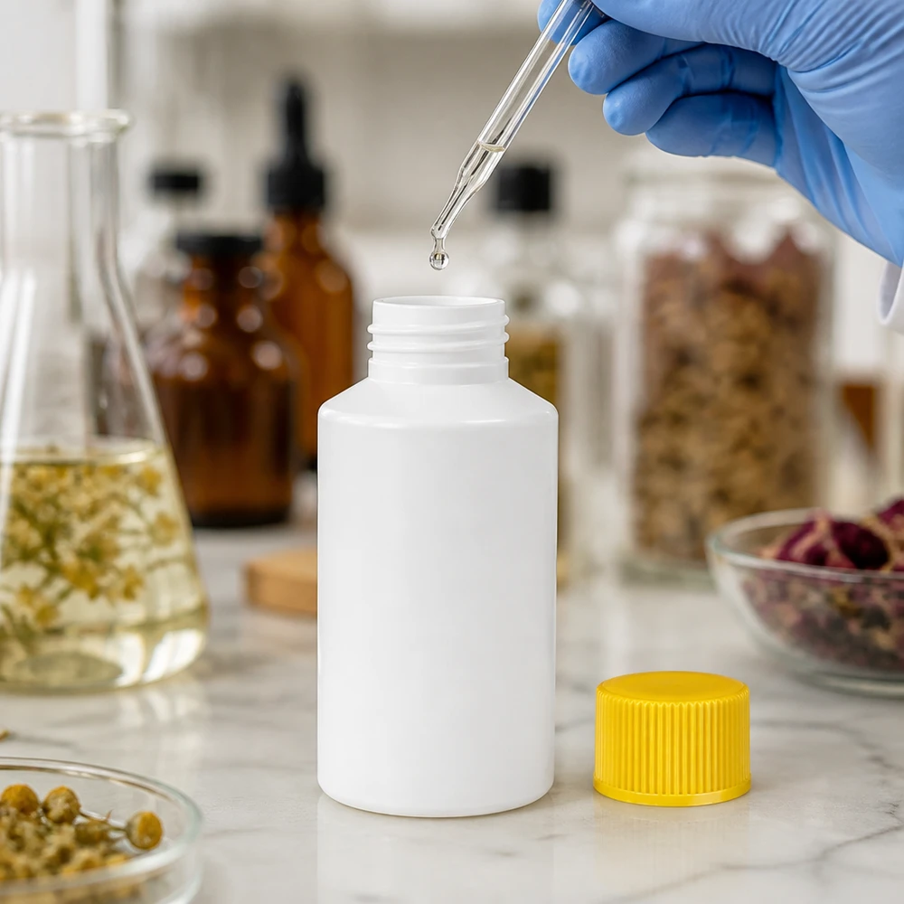 Laborpersonal befüllt weiße 50ml HDPE Flasche mit Pipette und gelbem Sicherheitsverschluss