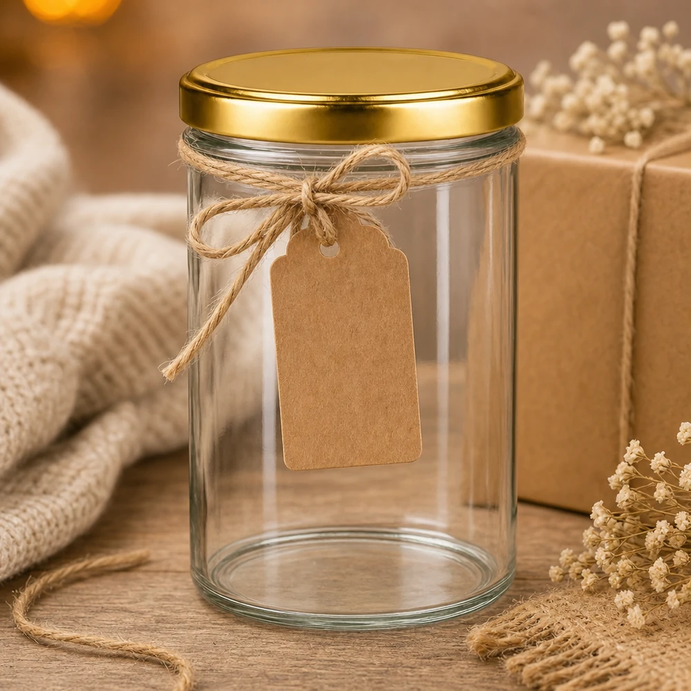 435ml Sturzglas mit BasicSeal Deckel gold UNiTWIST 435ml Sturzglas UNiTWIST mit goldenem Deckel als Geschenkverpackung mit Juteschnur und Kraftpapier-Anhänger