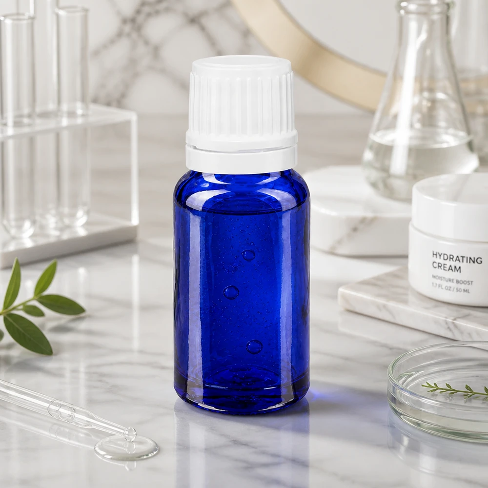 10ml Apothekerflasche Blauglas mit weißem OV-Verschluss für Seren und Kosmetikprodukte