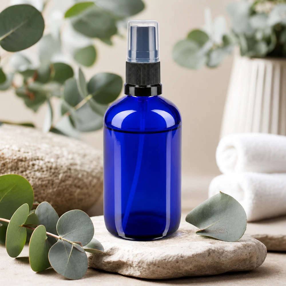 Apothekenflasche blau 100ml Sprayaufsatz schwarz 100ml Apothekersprayflasche aus blauem UV-Schutzglas mit transparentem Sprühkopf und Eukalyptus