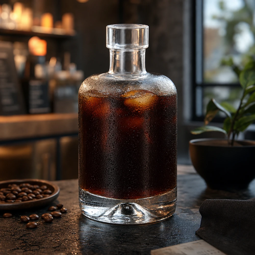 50ml Glasflasche Amelie mit Cold Brew Kaffee befüllt neben Kaffeebohnen zeigt Verwendung für Getränke und Spirituosen