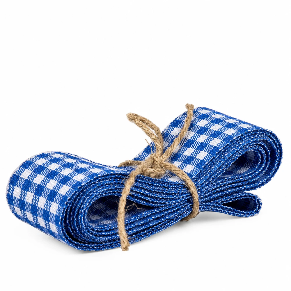 Stoffband blau/weiß zum Dekorieren 300cm Blau-weißes Stoffband kariert 300cm lang gerollt mit Juteschnur gebunden für Dekoration und Basteln