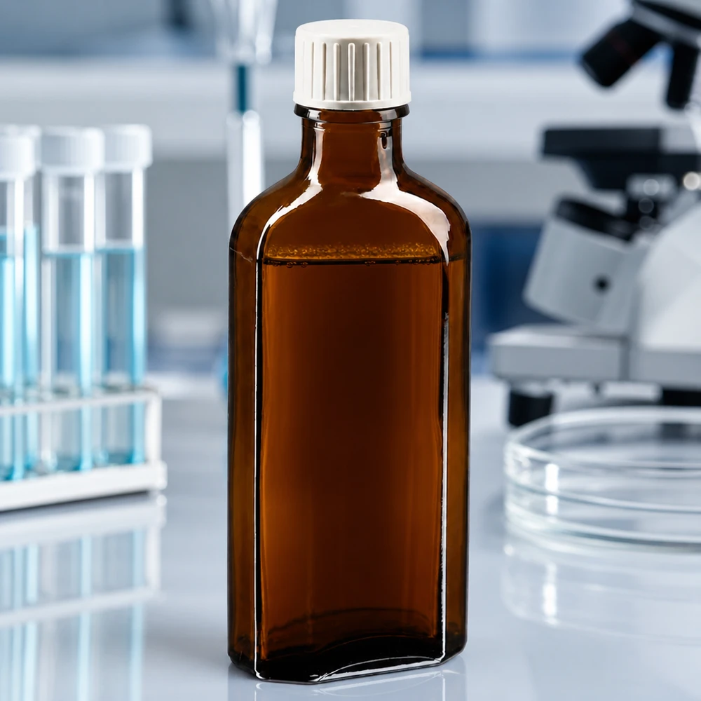 Meplat Laborflasche 100 ml mit weißem Verschluss und Gießring vor Mikroskop und Reagenzgläsern