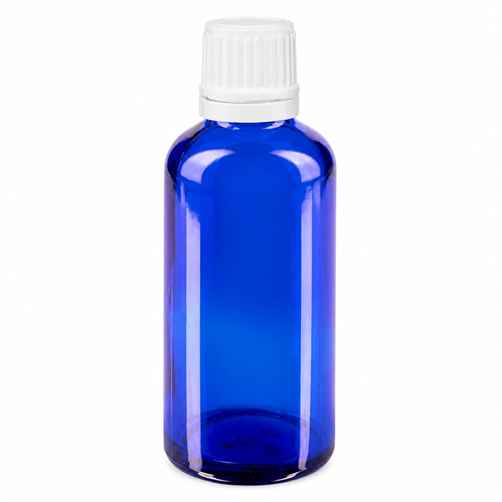 Apothekenflasche blau 50ml Tropfverschluss 1.2mm weiß Originalitätsverschluss Blaue Tropfflasche 50ml Apothekenglas mit kindersicherem weißen Schraubverschluss