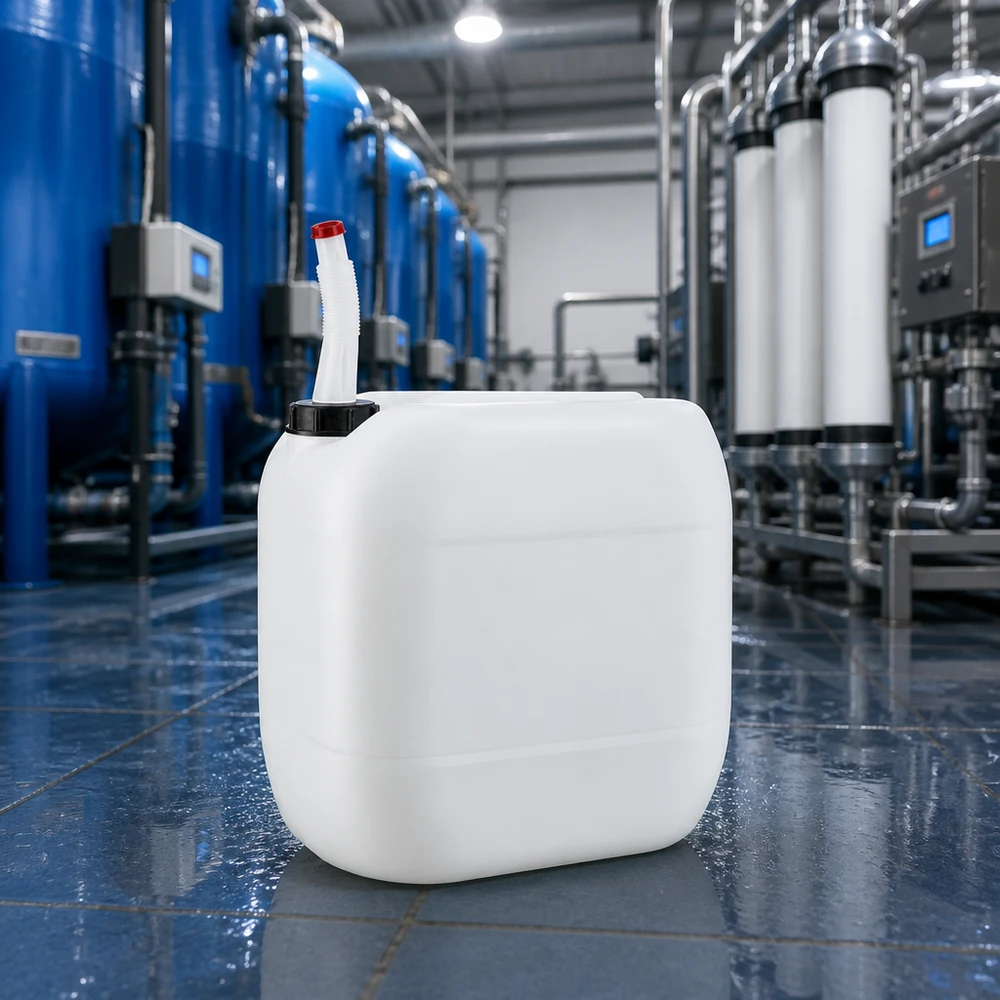 Kanister 30 Liter mit Auslaufrohr Flex Stapelbarer Kunststoffkanister 30 Liter mit biegsamem Füllstutzen und roter Kappe in Weiß