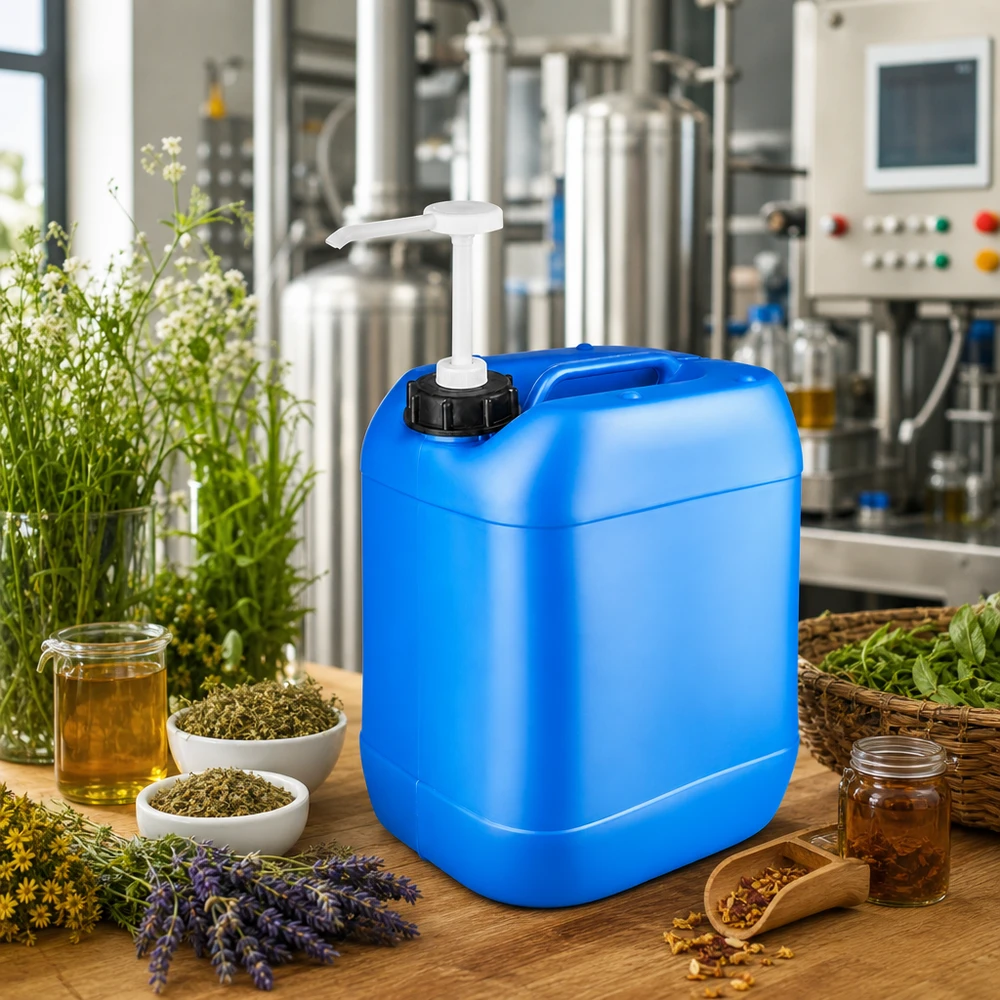 Kanister 20 Liter blau mit Dosierpumpe Lebensmittelechter HDPE Kanister 20L mit Ausgabepumpe für Öle Extrakte und Naturkosmetik