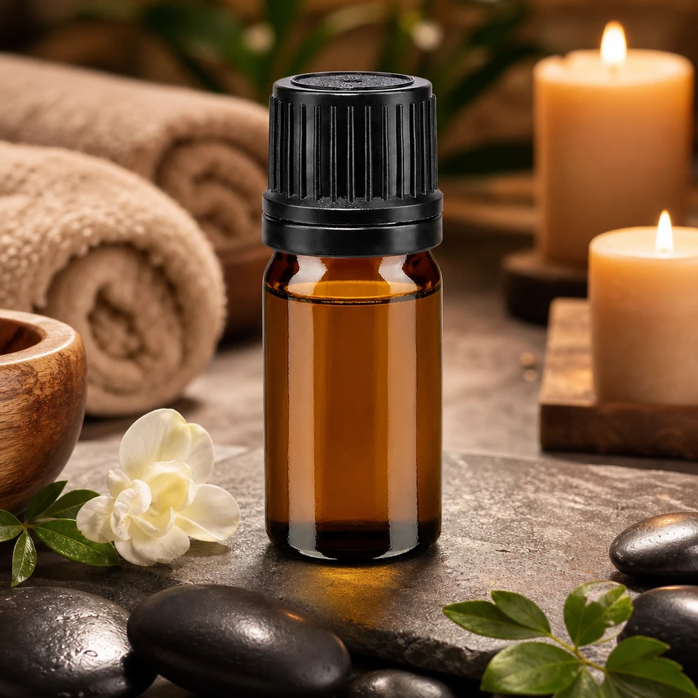 Apothekenflasche braun 5ml Schraubverschluss schwarz Giessring Originalitätsverschluss Kleine Apothekerflasche 5ml Braunglas mit geripptem Schwarzverschluss im Spa-Ambiente