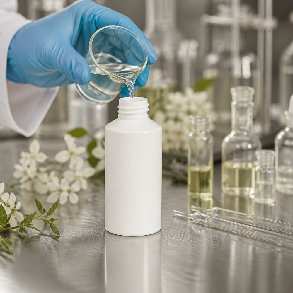 Apothekenflasche HDPE 50ml weiß, ohne Verschluss Handschutz beim Abfüllen von Extrakt in weiße HDPE Kunststoffflasche 50ml offen