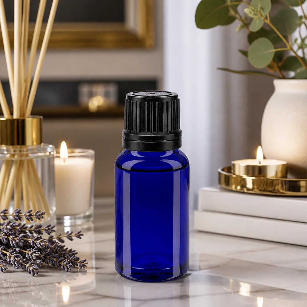 Apothekenflasche blau 10ml Schraubverschluss schwarz Giessring Originalitätsverschluss Blaue 10ml Apothekerflasche mit 8mm Öffnung und kindersicherem OV-Verschluss aus Apothekenglas