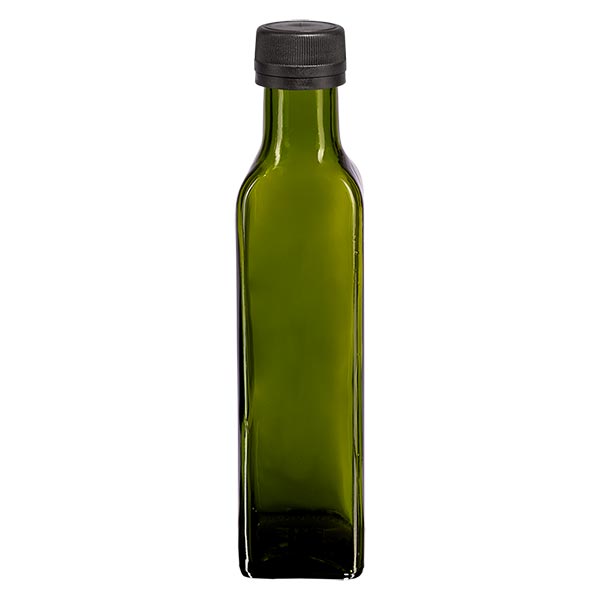 250ml Schraubflasche eckig olivgrün mit schwarz Verschluss 250ml Schraubflasche eckig olivgrün mit schwarz Verschluss