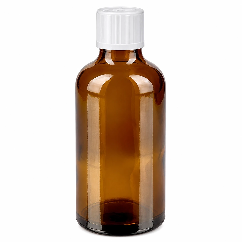 Braunglas Apothekerflasche 50ml mit weißem Schraubverschluss 11mm und Kindersicherung