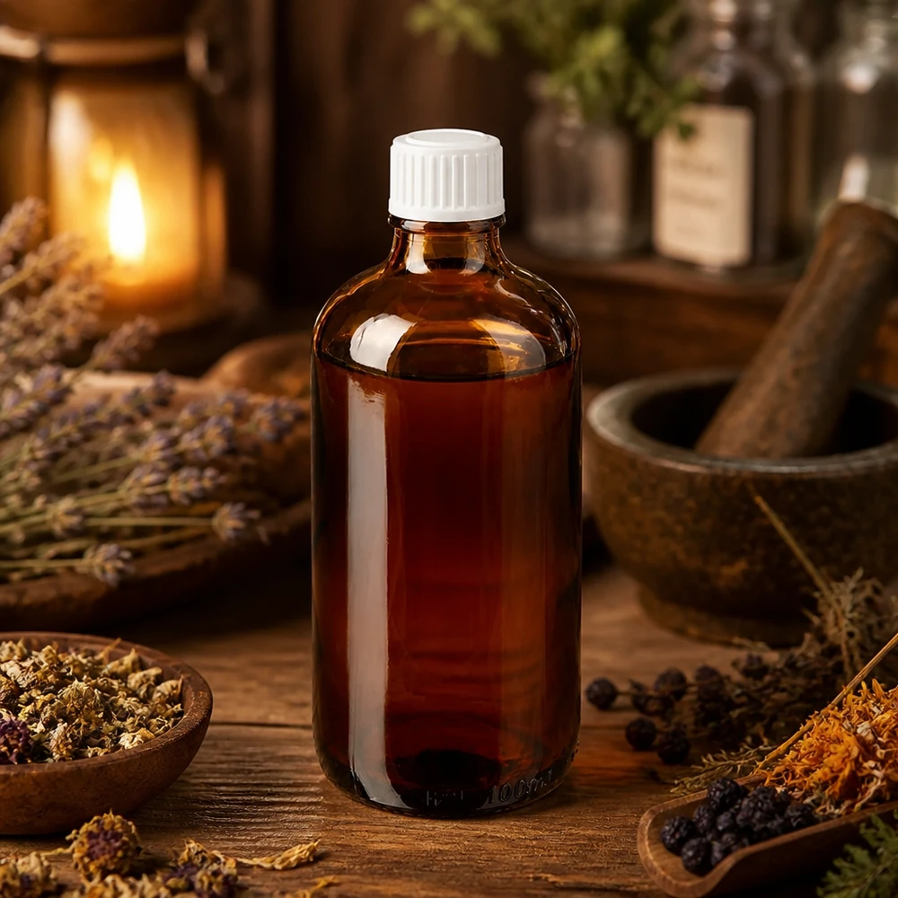Apothekenflasche braun 100ml Tropfverschluss weiß 0.8mm Standard Zylindrische Apothekerflasche 100ml Braunglas mit gerilltem weißem Verschluss in naturheilkundlichem Ambiente