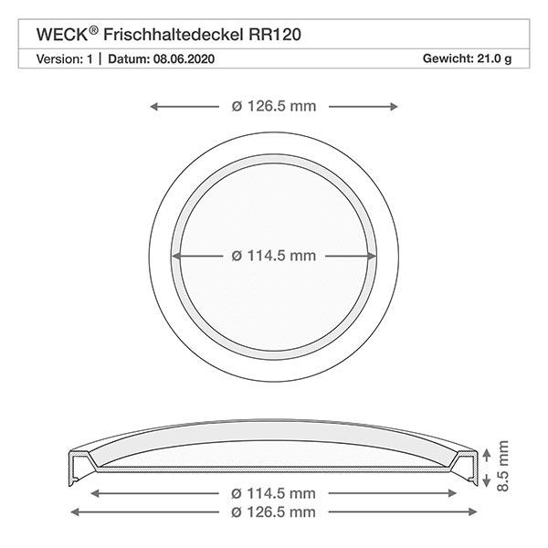 WECK Frischhaltedeckel RR120 Technische Zeichnung WECK Frischhaltedeckel RR120 mit Maßangaben 126,5mm Außendurchmesser 114,5mm Innendurchmesser