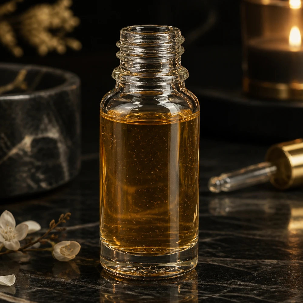 Apothekerflasche 10ml ClearLine mit bernsteinfarbenem Öl und Glitzerpartikeln
