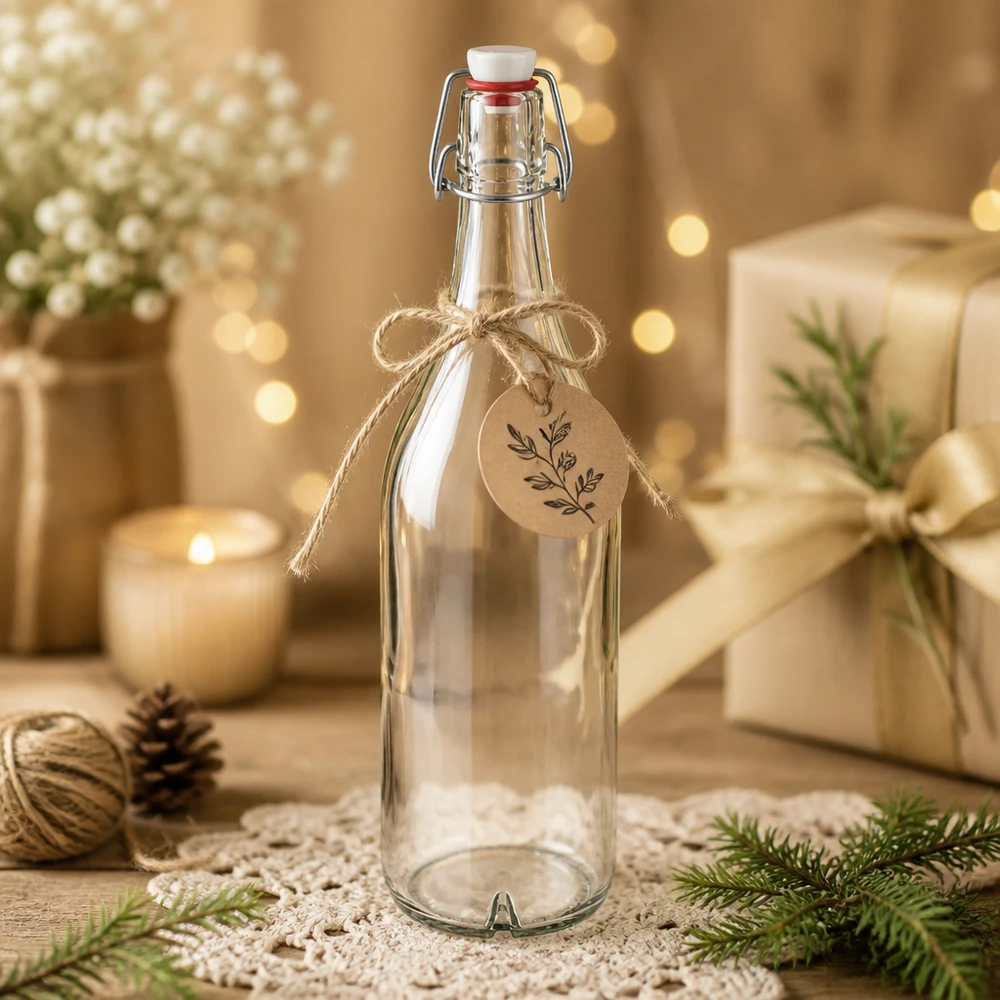 1000ml Glasflasche Bügelverschluss PVC weihnachtlich dekoriert mit Geschenkanhänger rustikaler Stil Winterdeko