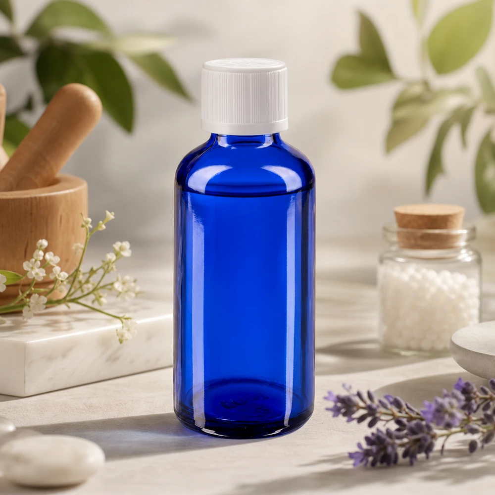 Apothekenflasche blau 50ml Tropfverschluss weiß Kindersicherung Standard Kobaltblaue 50ml Tropfflasche mit 1,2mm Einsatz auf Marmor im natürlichen Kräuter-Ambiente