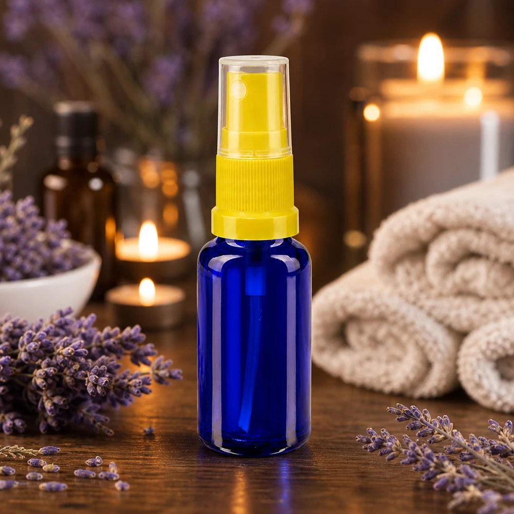 Apothekenflasche blau 20ml Sprayaufsatz gelb UV-geschützte 20ml Blauglasflasche mit gelbem Zerstäuber für ätherische Öle und Hydrolate