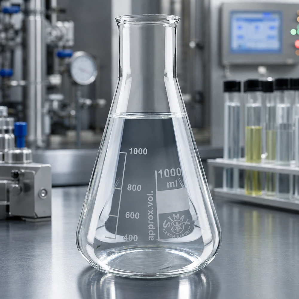 Professioneller Erlenmeyerkolben 1000ml Weithals auf spiegelnder Oberfläche in steriler Laborumgebung
