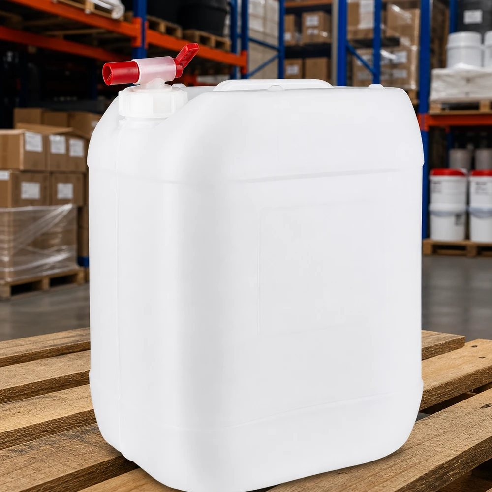 Stapelbarer HDPE Kanister 20L mit rotem Auslaufventil zur sicheren Flüssigkeitslagerung