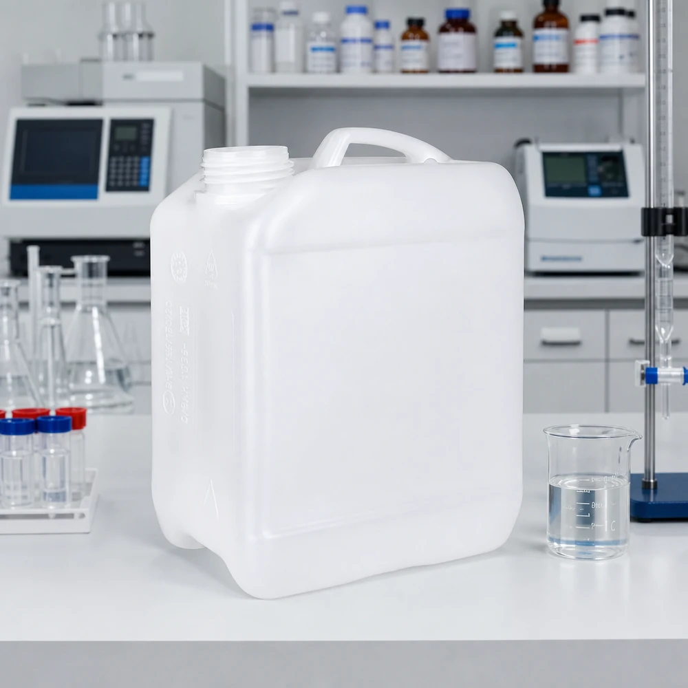 Kanister 2.5 Liter ohne Verschluss Kleiner transparenter Kunststoffkanister 2,5 L ohne Deckel im professionellen Laborumfeld