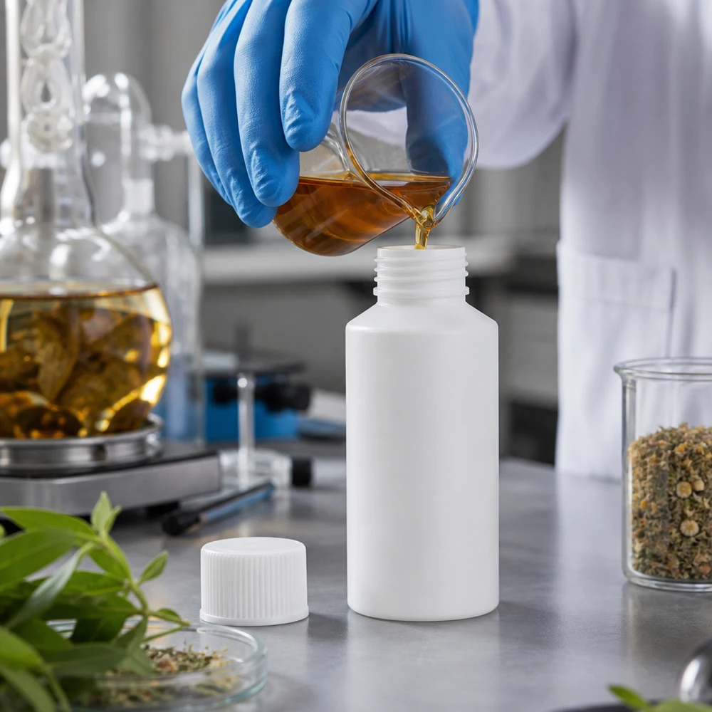 Befüllung einer weißen 50ml Apothekerlfasche HDPE mit goldfarbenem Pflanzenextrakt im Labor