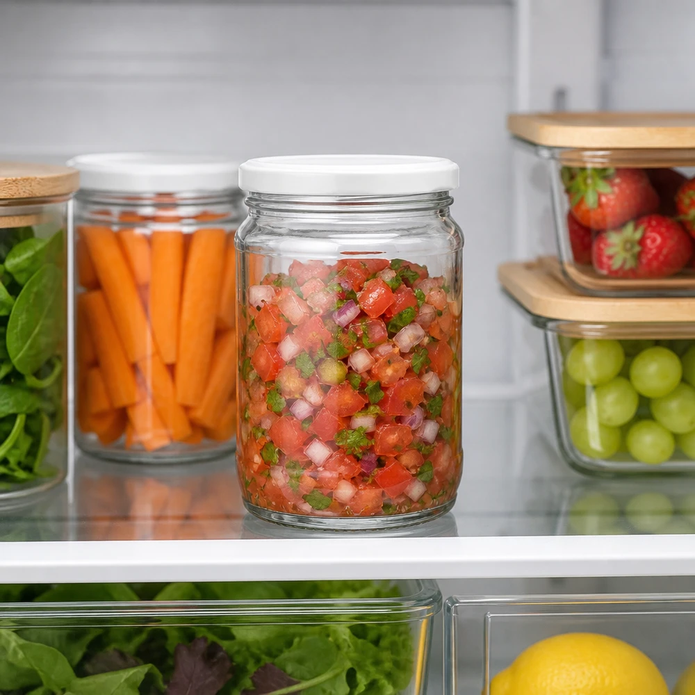 UNiTWIST Rundglas 370ml mit BasicSeal weiß zur Aufbewahrung von Salsa im Kühlschrank