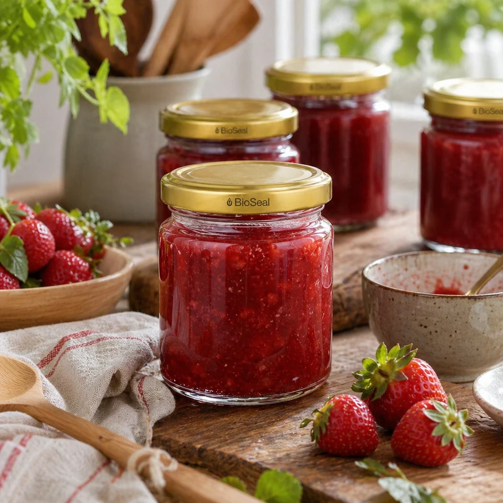 53ml Rundglas mit BioSeal Deckel gold UNiTWIST UNiTWIST Runda53 Marmeladengläser mit goldenem TO43 BioSeal Deckel gefüllt mit Erdbeermarmelade neben frischen Erdbeeren