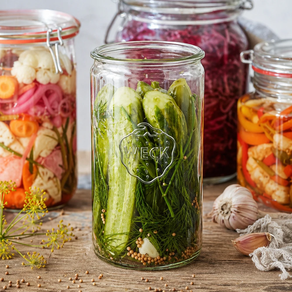 WECK RR100 Zylinderglas 1590ml mit eingelegten Gewürzgurken und Dill neben bunten Einmachgläsern auf Holzbrett