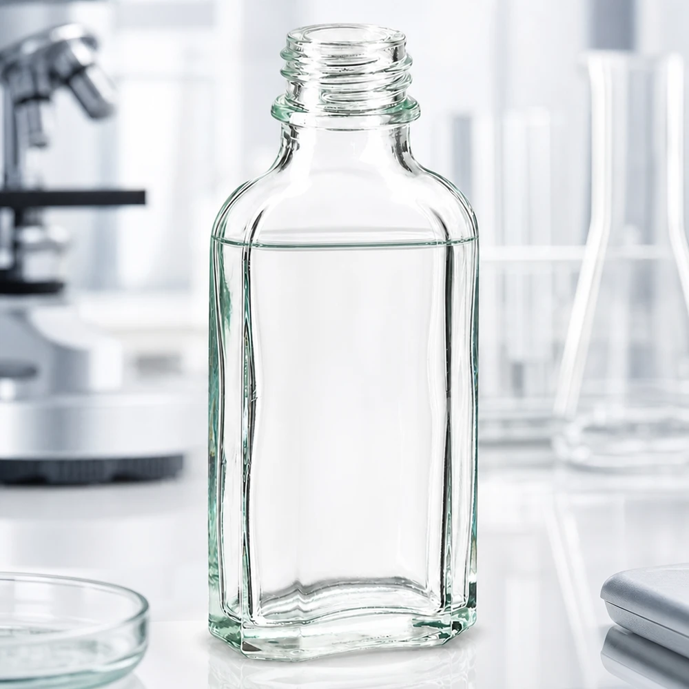 Transparente Glasflasche 50 ml flache Form mit DIN22 Verschluss