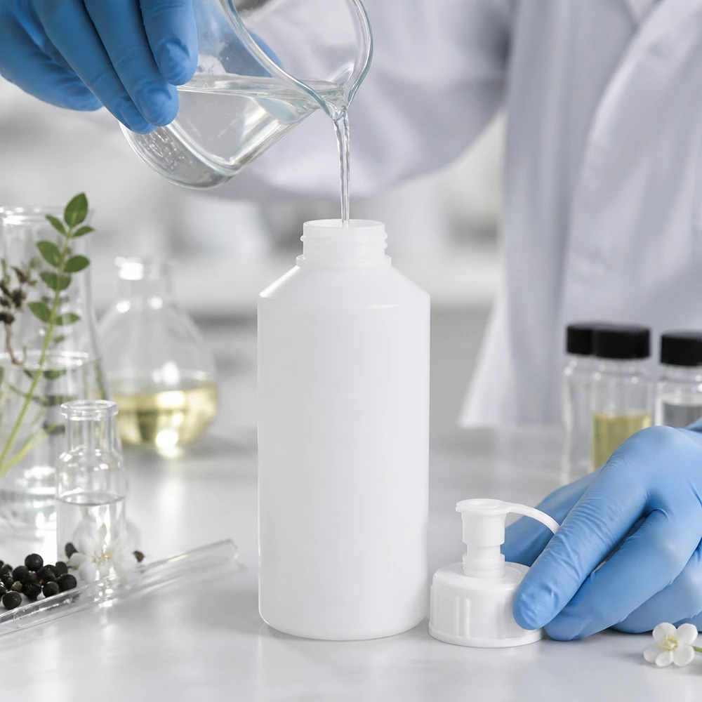 Apothekenflasche HDPE 50ml weiß mit Spritzverschluss Weiße opake HDPE Flasche 50ml mit Pumpaufsatz für pharmazeutische Flüssigkeiten im Labor