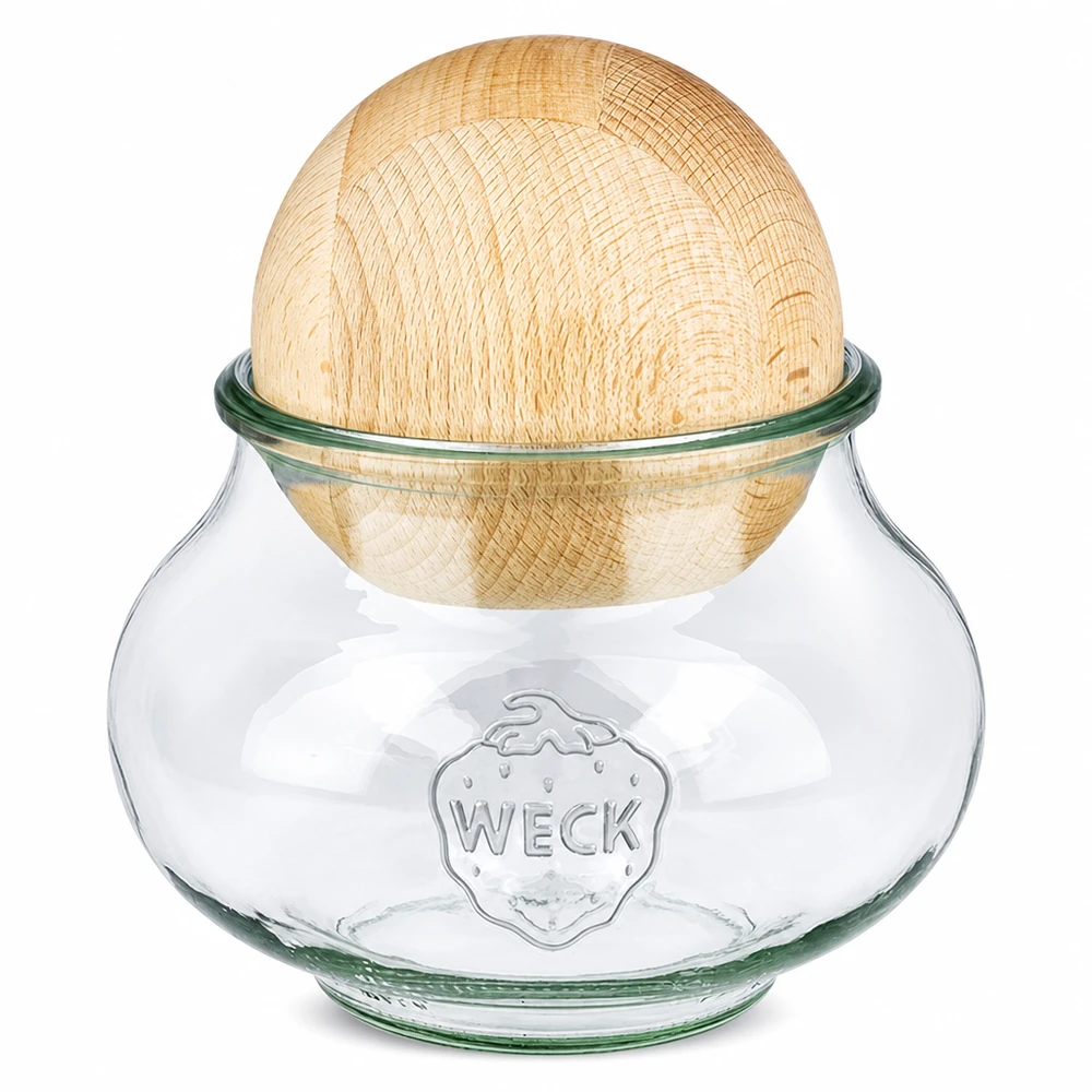 WECK Einmachglas 1062ml RR100 mit Holzkugel aus Buche als Deckel auf weißem Hintergrund