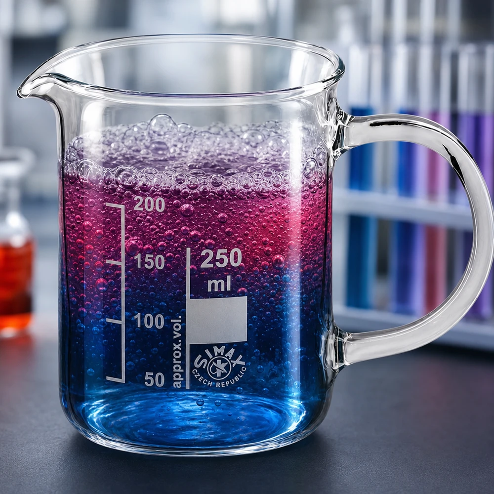 Becherglas 250ml Borosilikatglas, mit Henkel Becherglas mit Henkel 250ml neben Reagenzgläsern mit bunten Flüssigkeiten im Labor