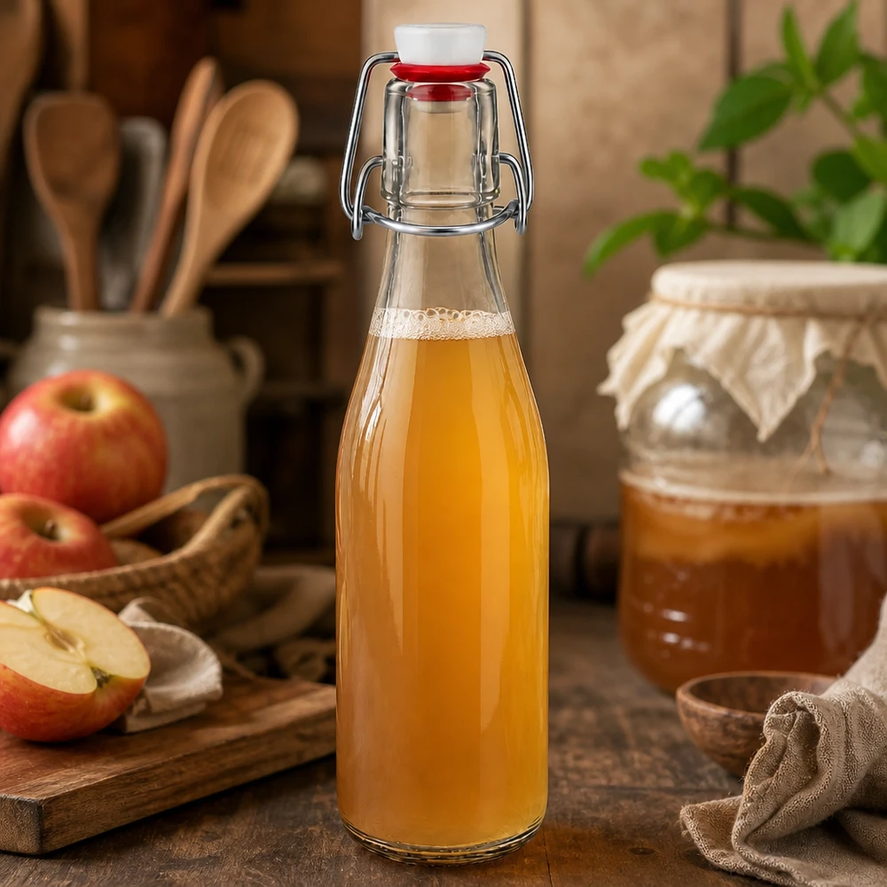 250ml Glasflasche und Bügelverschluss Porzellan UNiTWIST Glasflasche 250ml Bügelverschluss mit Apfelsaft gefüllt, Apfelscheiben und Marmeladenglas im Hintergrund