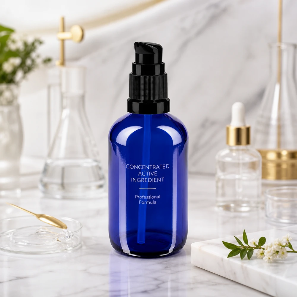 Apothekenflasche blau 100ml PumpVerschluss schwarz Standard 100ml blaue STD-Pumpflasche aus Apothekerglas für konzentrierte Wirkstoffe und Professional Formula