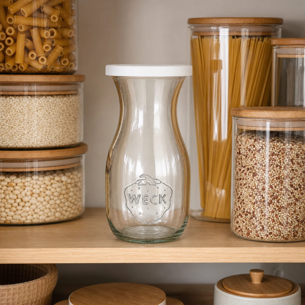 290ml Saftflasche mit Frischedeckel WECK RR60 WECK 290ml Saftflasche mit Frischedeckel in modern organisierter Vorratsküche zwischen Gläsern mit Pasta und Hülsenfrüch