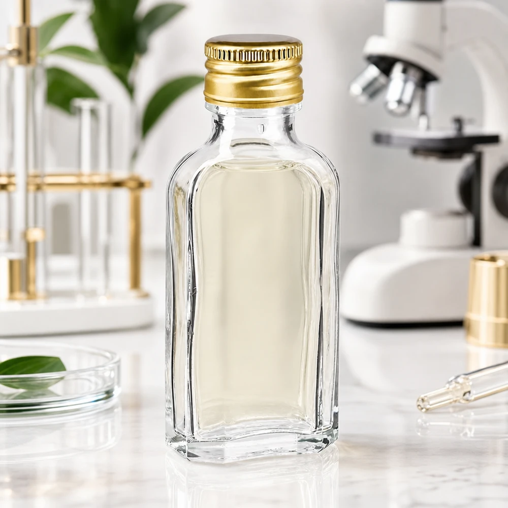 50ml Klarglas Meplat Flasche mit goldenem PP22 Verschluss neben Mikroskop und Laborausstattung