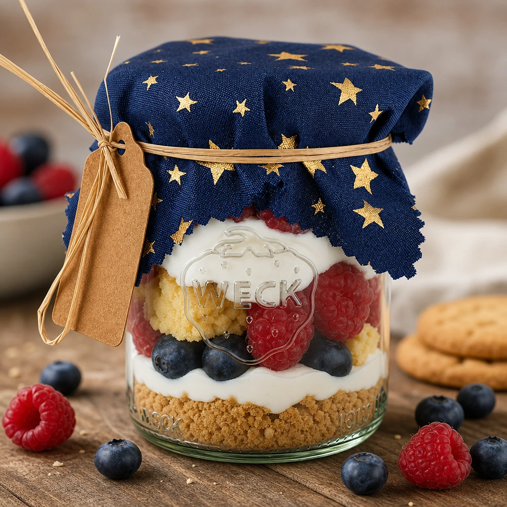 Schichtdessert im Glas mit blauem Sternen-Schmuckdeckchen, Beeren-Dekoration und Geschenkanhänger als Mitbringsel