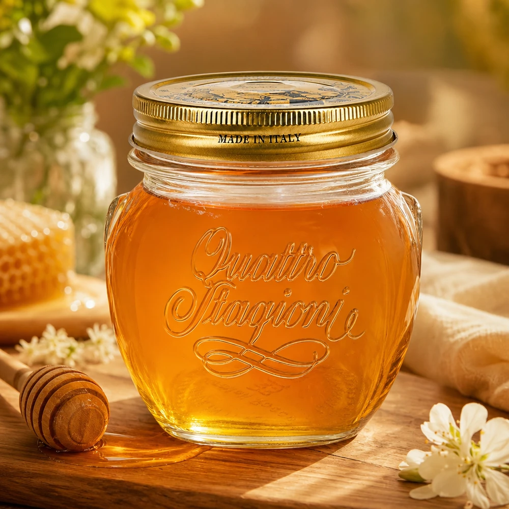Quattro Stagioni 300ml Rundglas mit goldenem Deckel gefüllt mit Honig auf Holztisch Made in Italy